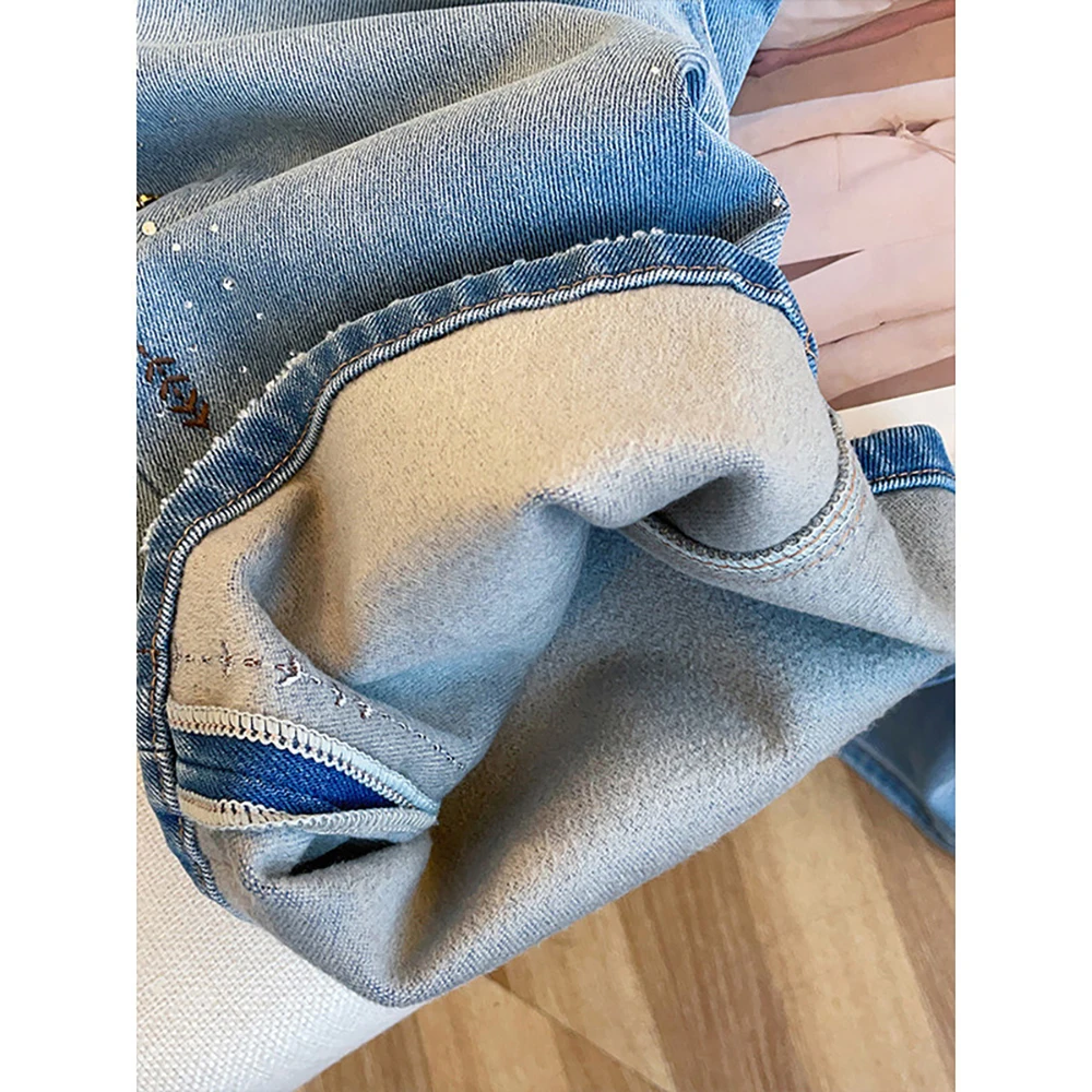 Elegant Sequin Rivet Wide Leg Jeans for Women Glitter Dot High Waist Light Washed Denim Pants Embroidery Casual Loose Pants