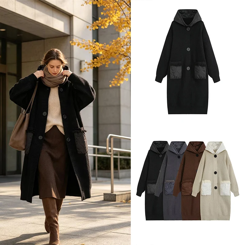 Guobioziy Women's Padded Hooded Jacket 2026 Fall/Winter New Solid Color with Snap-Button Pockets European & American CasualStyle
