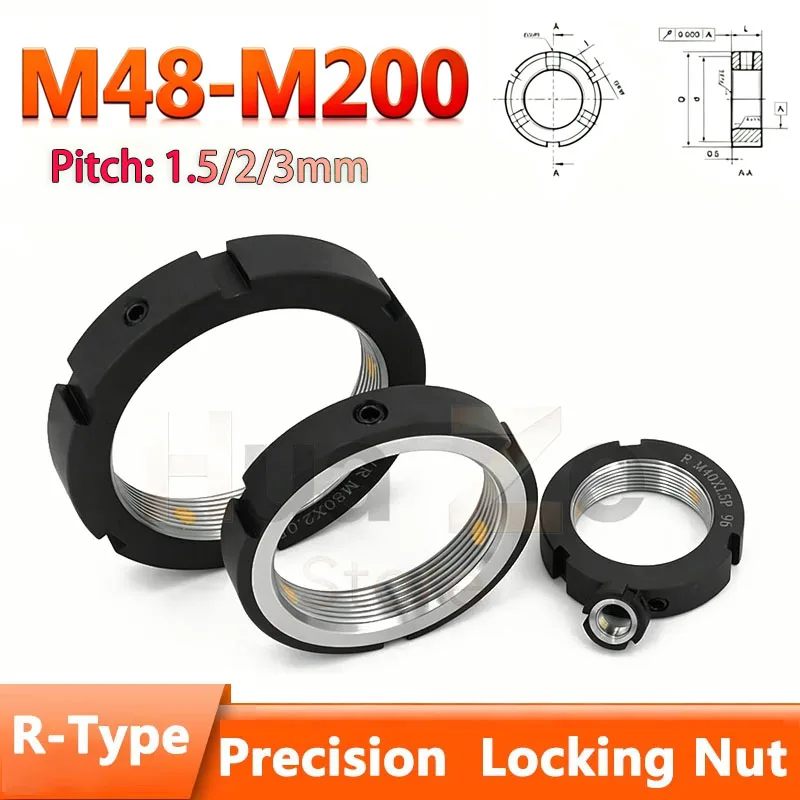 1pcs M48-M200 Precision R-Type Locking Nut Rolling Bead Shaft Main Shaft Lock Nut Steel Prevent Backout Round Nuts Pitch 0.5-3mm