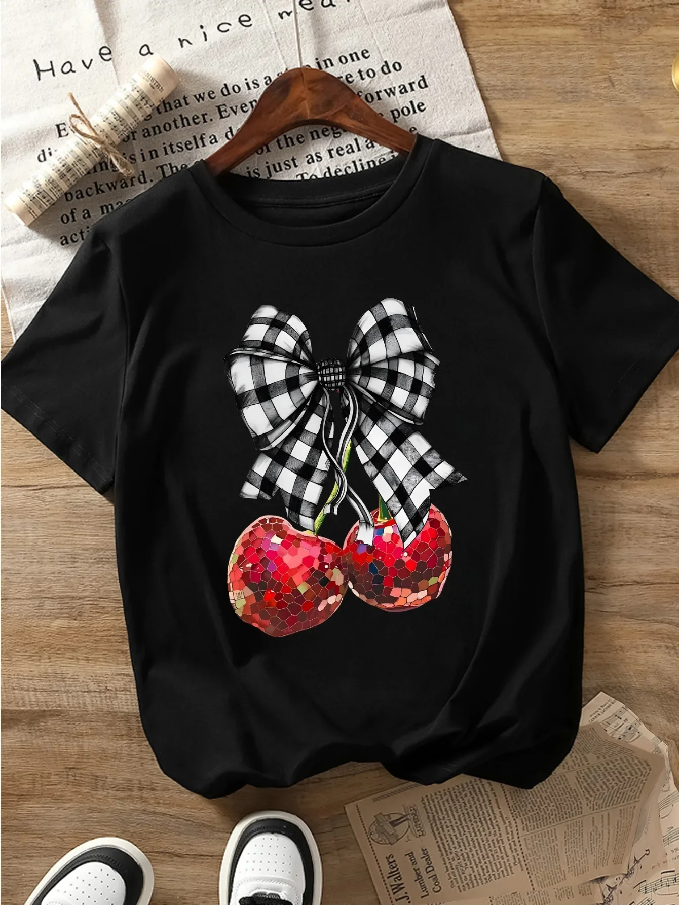 Black and White Checkered Bow Cherry Print Top Summer Women Short Sleeved Round Neck Casual Fashion Women's Minimalist Loose Tee