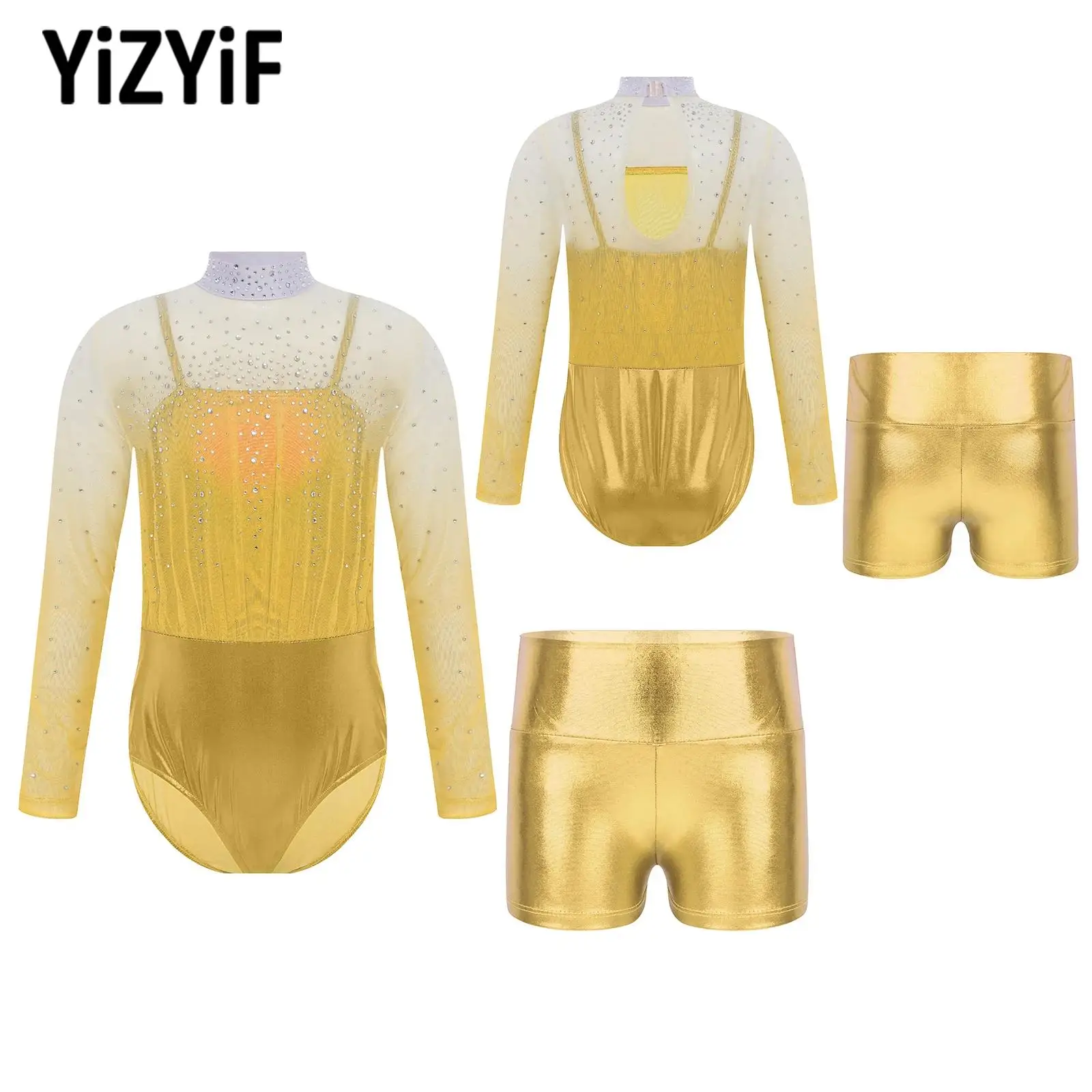 

Купальник для балета, гимнастики и танцев для девочек, детский спортивный костюм для фигурного катания, трико с длинными рукавами и шортами, комплект детской блестящей одежды