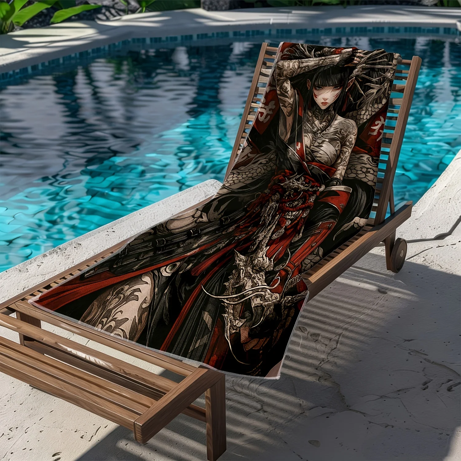 1pc Japanese Tattoo Style Cool Female Samurai Beach Towel, 2D Flat Print Microfiber Bath Towel, Quick‑Drying Super Absorbent for