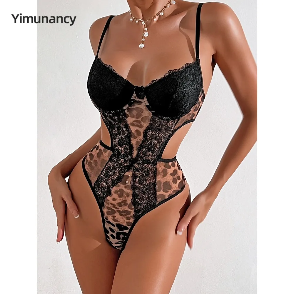 

Yimunancy Leopard Print Bodysuit Women Backless Sexy Bodysuit Summer Patchwork Lace Body Femme Clubwear