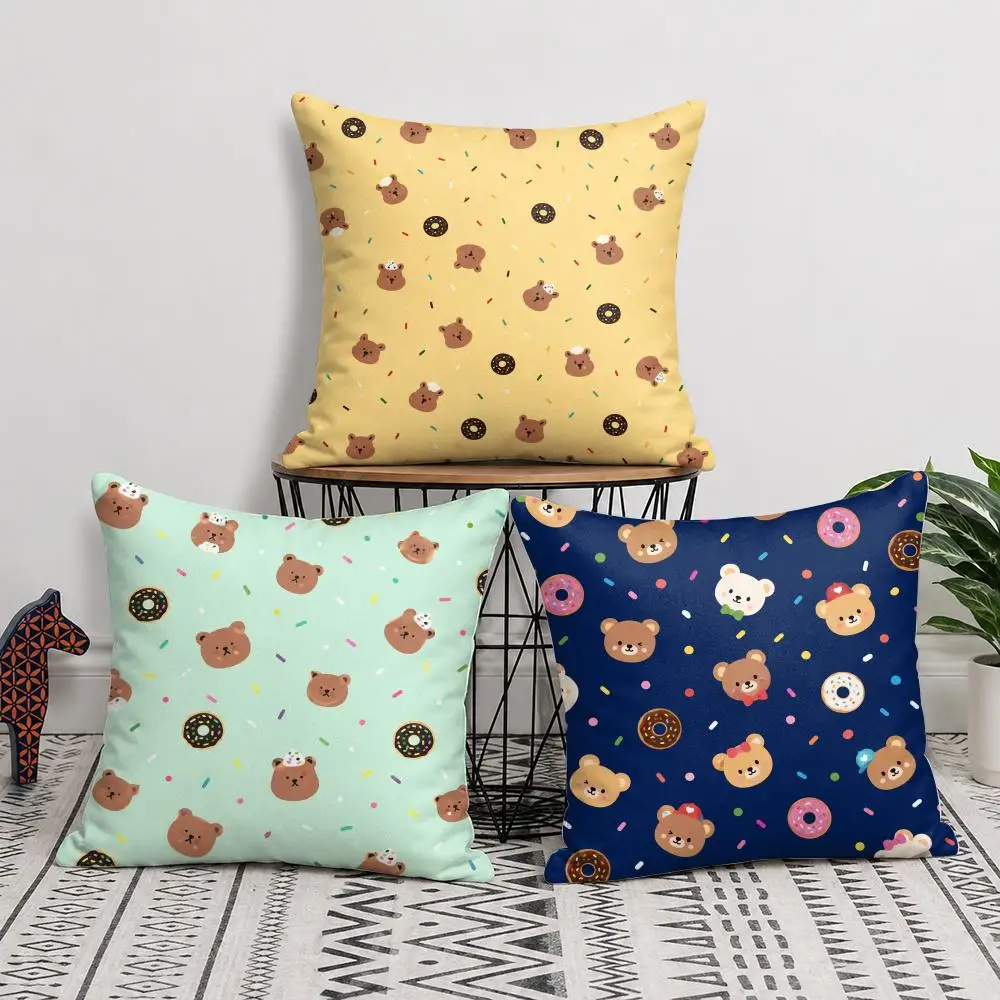 Sweet Donut Bear Cushion Cover Short Plush Soft Double-Sided Printing Pillow Case Cozy Sofa Bedroom Home Decor Gift