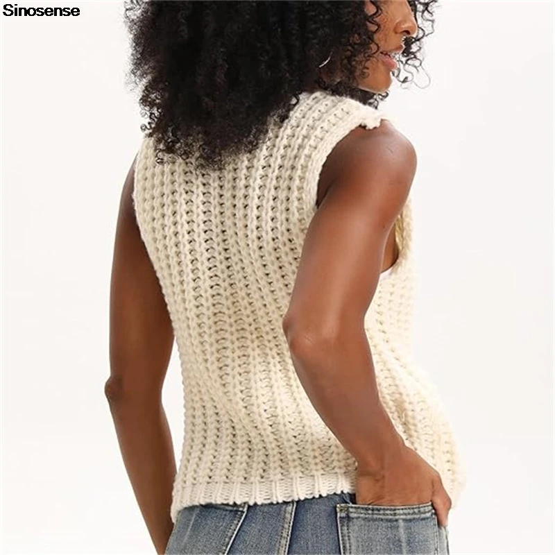 Women Chunky Knit Vest Gold Button Down Sleeveless Sweater Vest Casual Daily Wear Going Out Street Travel Crop Crochet Knit Vest