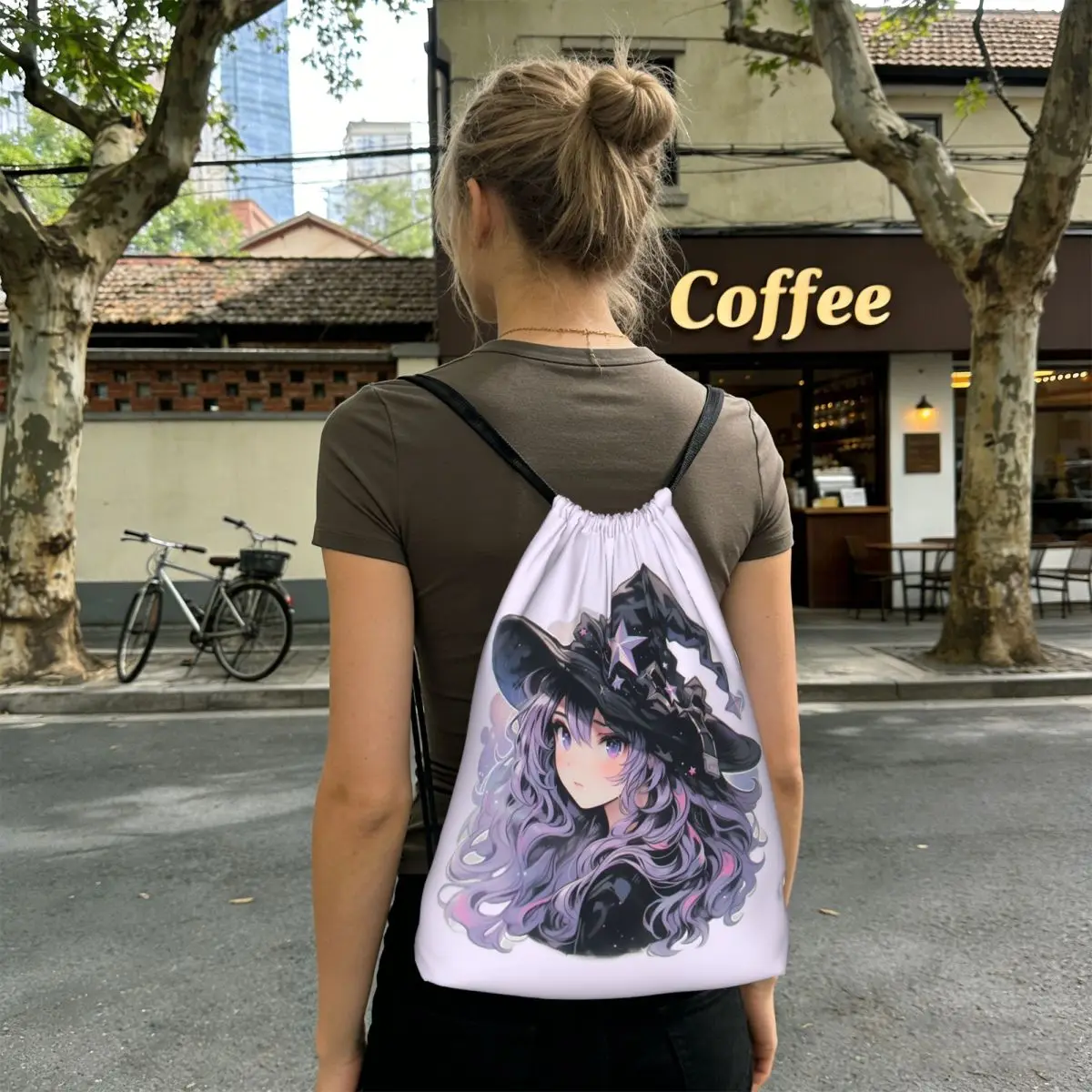 Mystical Anime Witch And Moon Backpacks Fashion Drawstring Bundle Pocket Sports Bag Book Bags for Travel School