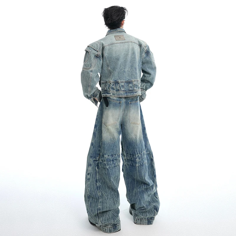 LUZHEN Origineel Niche-ontwerp Zakken Versieren Gewassen Denim Jas Herenmode High Street 2025, Nieuwe losse jeans met wijde pijpen LZ9410