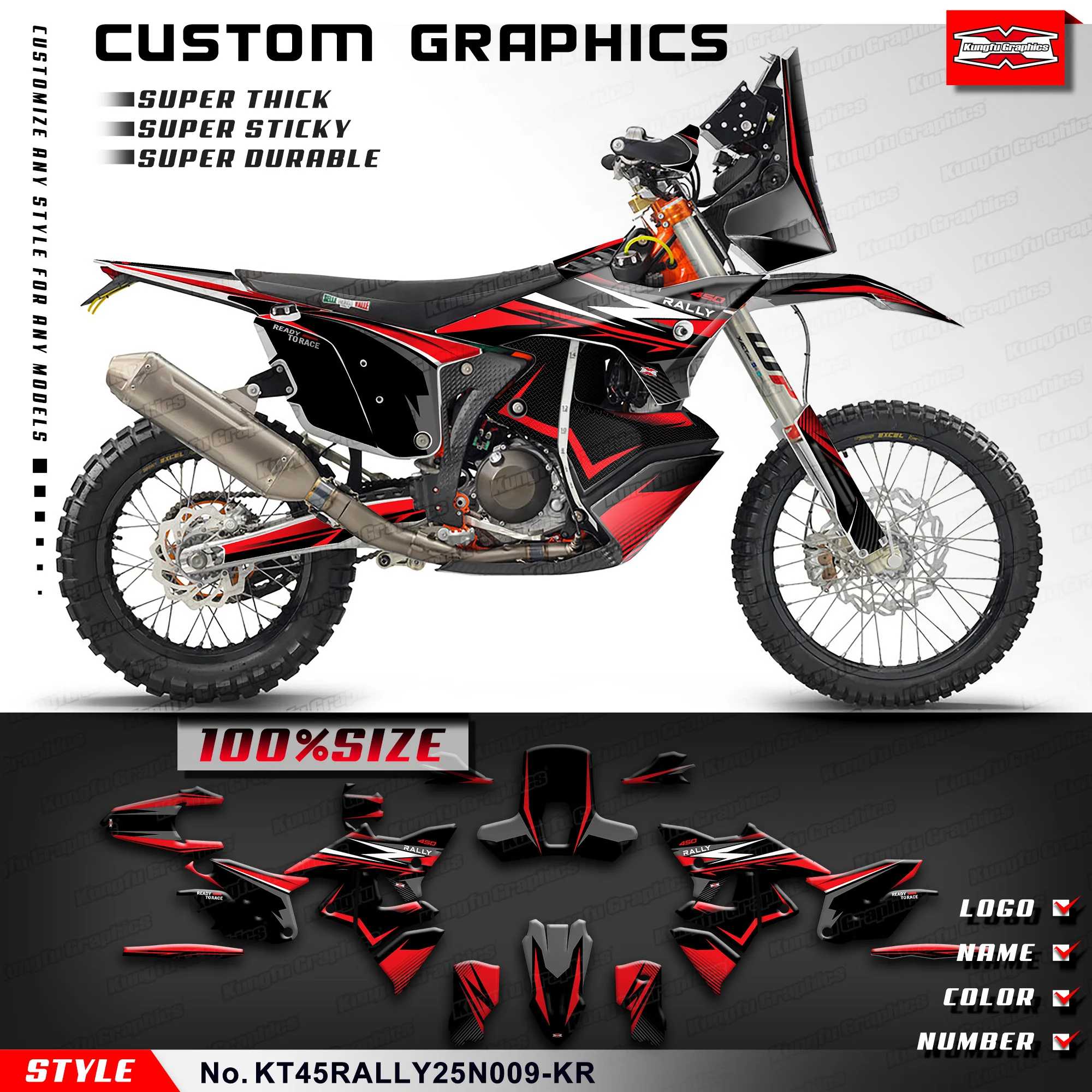 KUNGFU GRAPHICS Stickers Complete for 2025 2026 2027 KTM & Husqvarna 450 RALLY Adhesive Decals Rebuild Kit, KT45RALLY25N009-KR