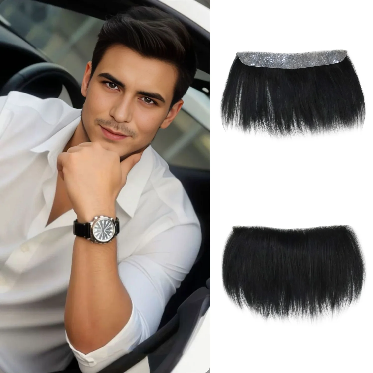 

Мужской парик-накладка из 100% натуральных человеческих волос с полиуретановой основой и V-образным креплением, тщательно причесанный, с естественной линией роста волос, прямой, из волос Remy, для замены волос