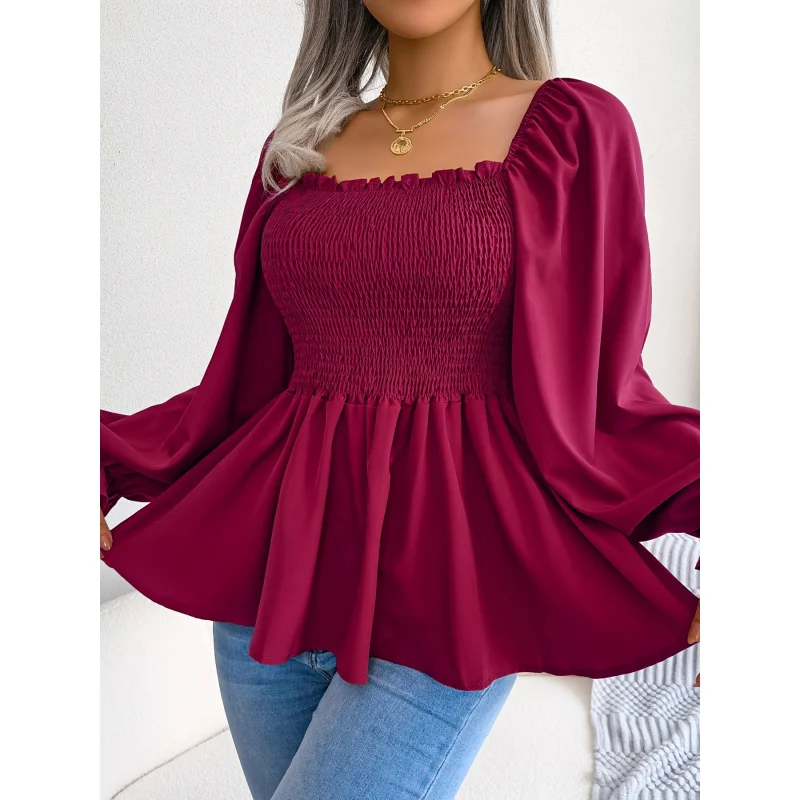 

2023 Spring/Summer European and American Casual Solid Color Square Neck Flared Sleeve Ruffle Hem Chiffon Blouse
