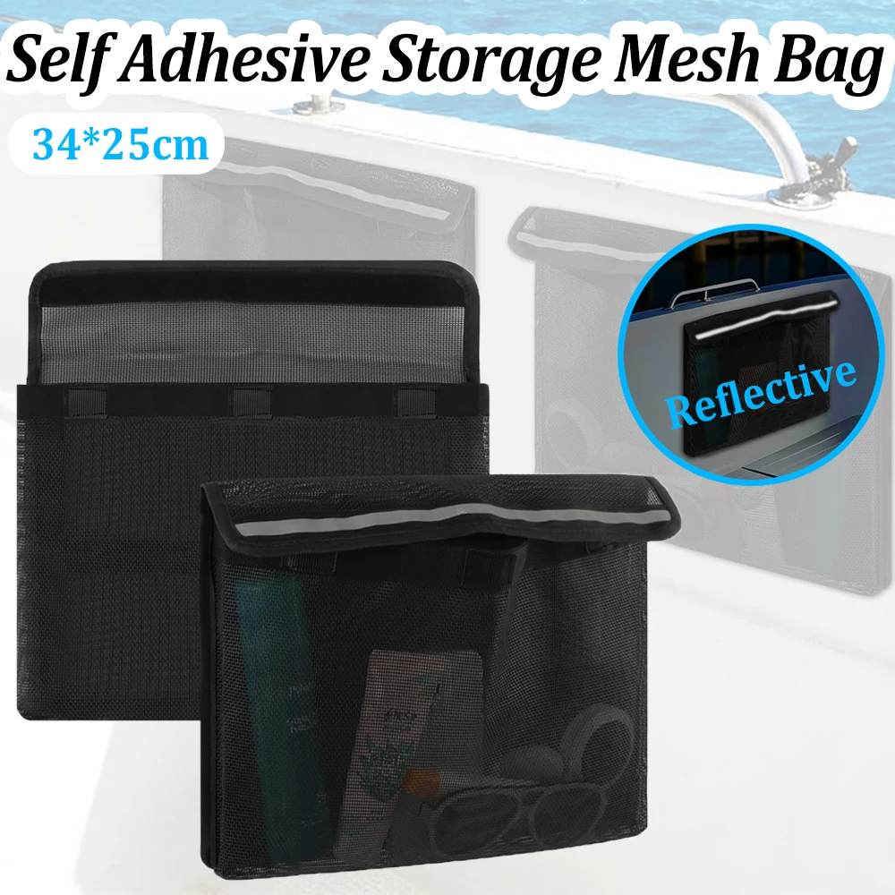 Self Adhesive Storage Mesh Bag Marine Reflective Flip Top Hook&Loop Net Pocket Universal Boat Organizer For Fishing Tackle Gear