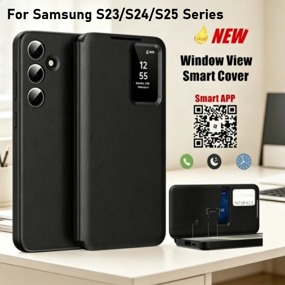Smart View Window Case  Durable Quality Leather Flip-Free Answering Cover For Samsung Galaxy S22/S23/S24/S25 Series Download APP