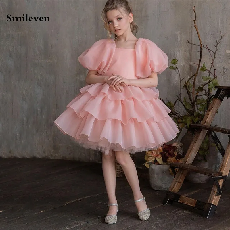 

Smileven Organza Girl Dress Princess Knee Length Communion Puff Sleeve Party Gowns Big Bows vestidos para niñas Customized