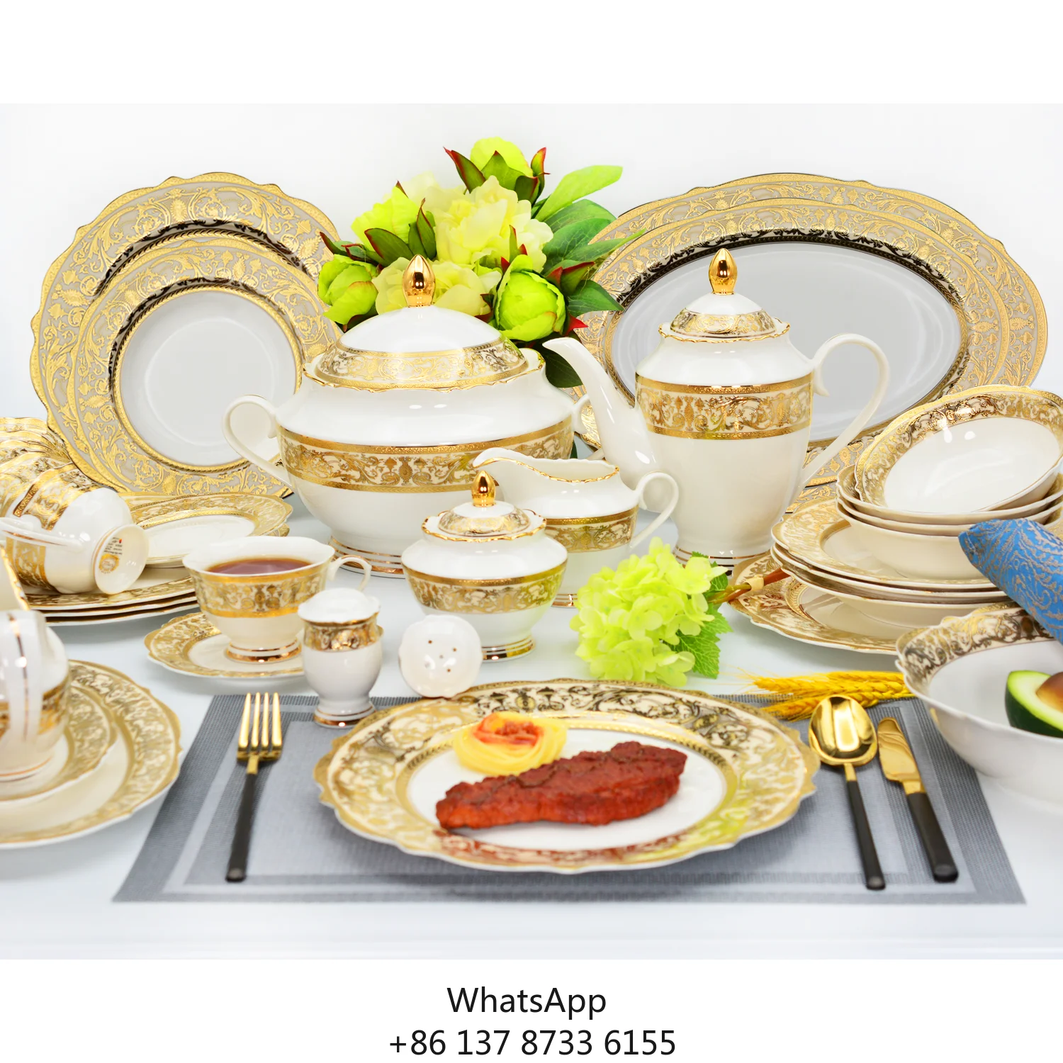 

Hight Quality 98pcs Embossed Gold Decoration Tableware Royal Style Bone China Dinnerware Luxury Porcelain Dinner Sets
