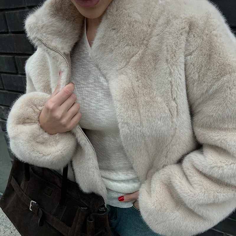 Tuularose Stand-Collar Fur Coat Women's Plush Loose Thickened Autumn Winter Zipper Coat Lady Soft Comfortable Casual Simple Coat