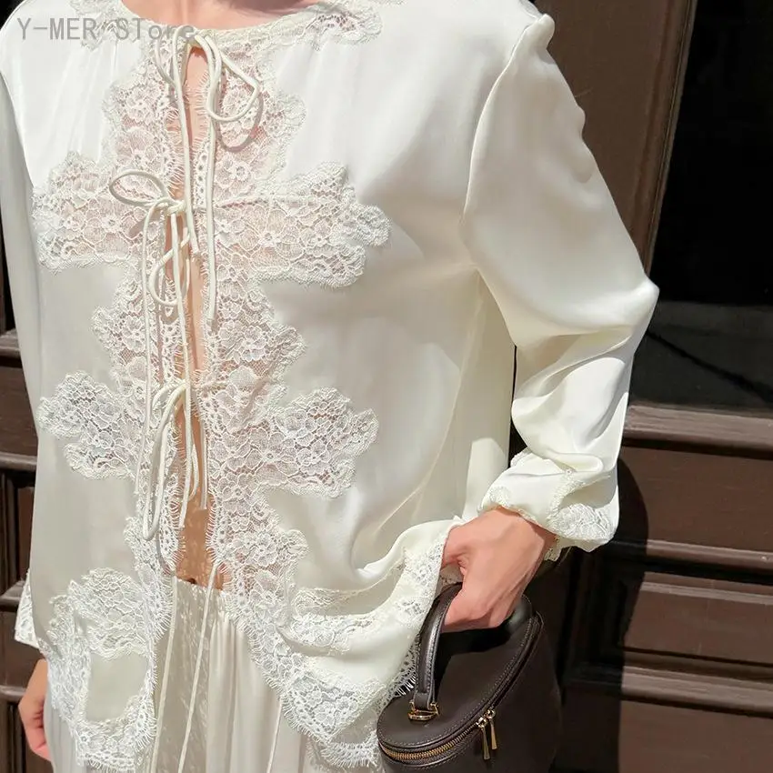 Women European Style Satin Two Piece Pajama Set Lace Ruffle Tie Front Top Long Pants Loose Comfort Ladies Sleepwear Homewear