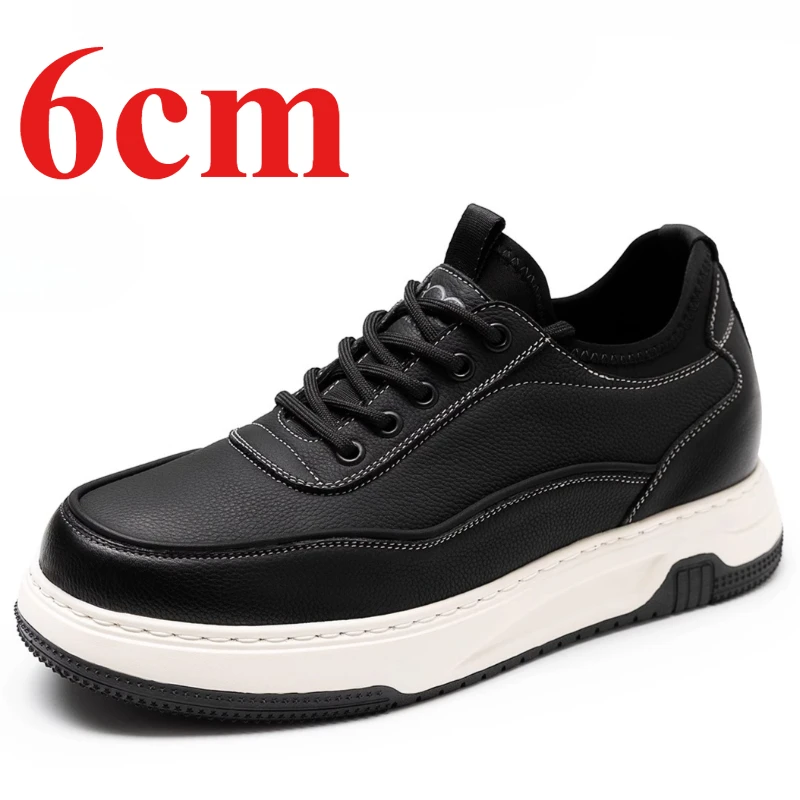 Height Increasing Board Shoes for Men's 6cm Elevator Genuine Leather Comfortable Breathable Lightweight Thick Soled Casual Shoes