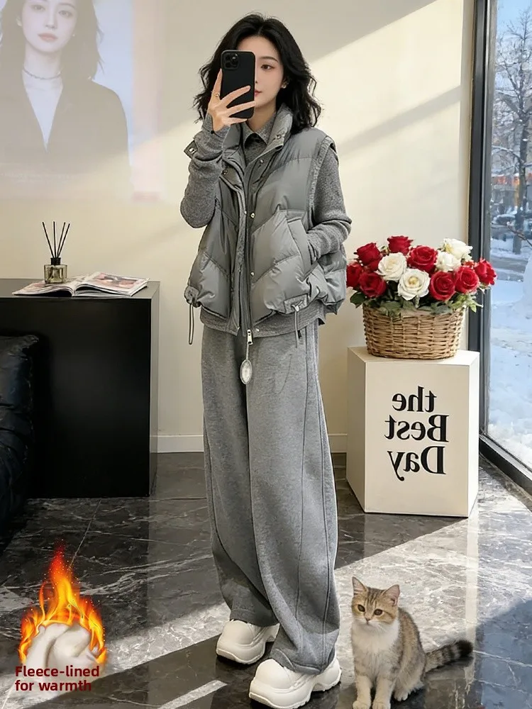 

Winter 2025 Women's High Waist Jaet Vest Pants Tee Piece Set Warm Thiened Floing Zipper Closure Casual Commute Sle