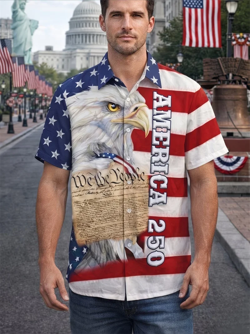 Men's 1776-2026 America 250 Hawaiian Men's Shirts Bald Eagle Motorcycle American Flag Print 4th Of July Vacation Shirt Clothing