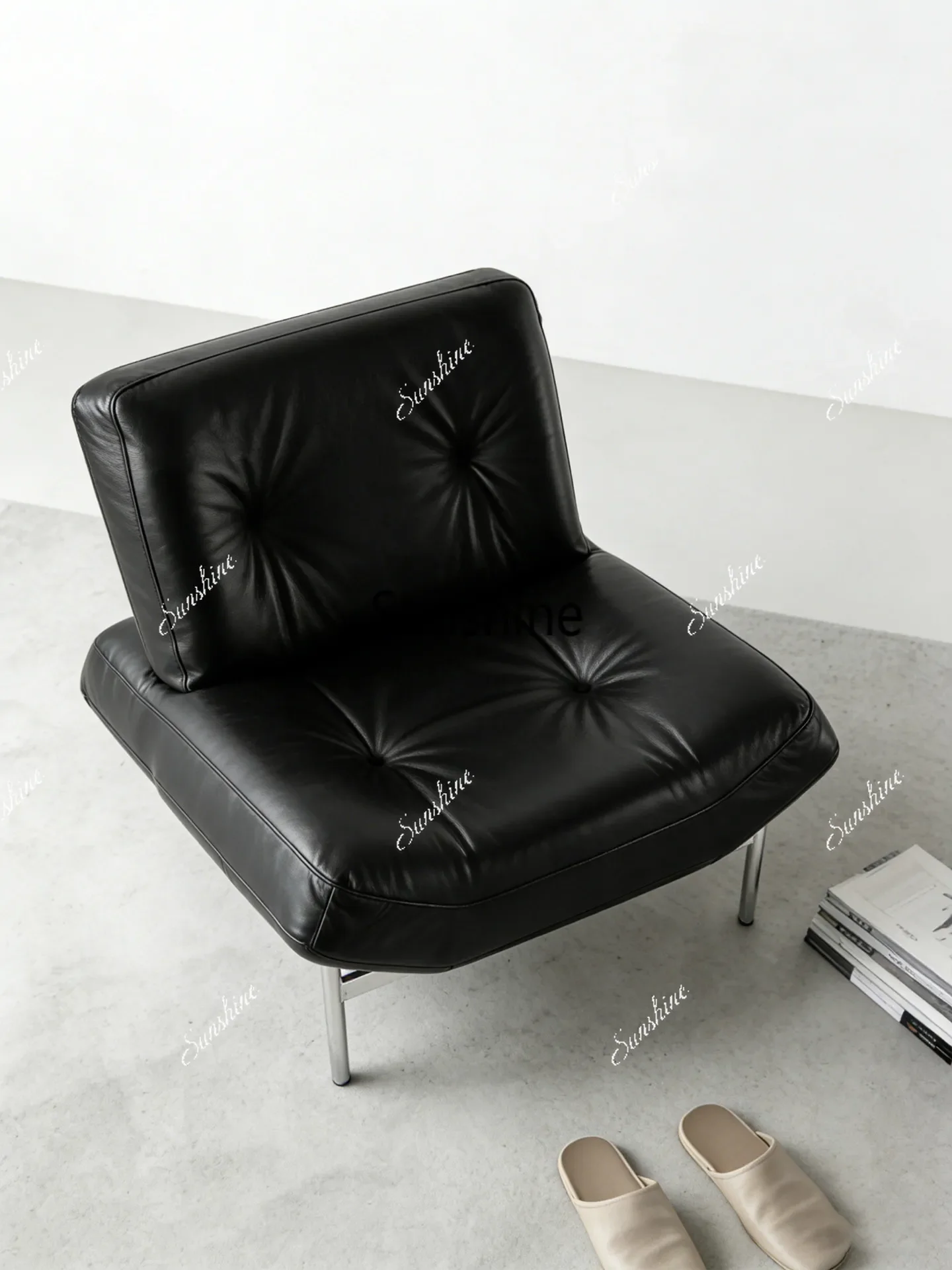 

Italian minimalist leather single sofa living room stainless steel leisure chair