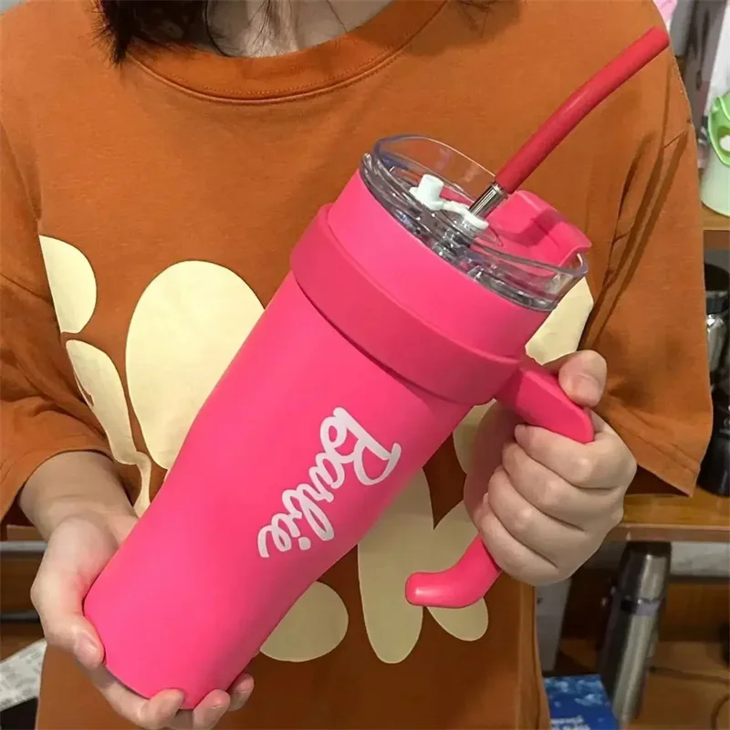 New Barbie Large-Capacity Giant Water Cup 1200ml Pink Steel Bling Straw Water Bottle Kawaii Stainless Steel Insulated Cup Gift