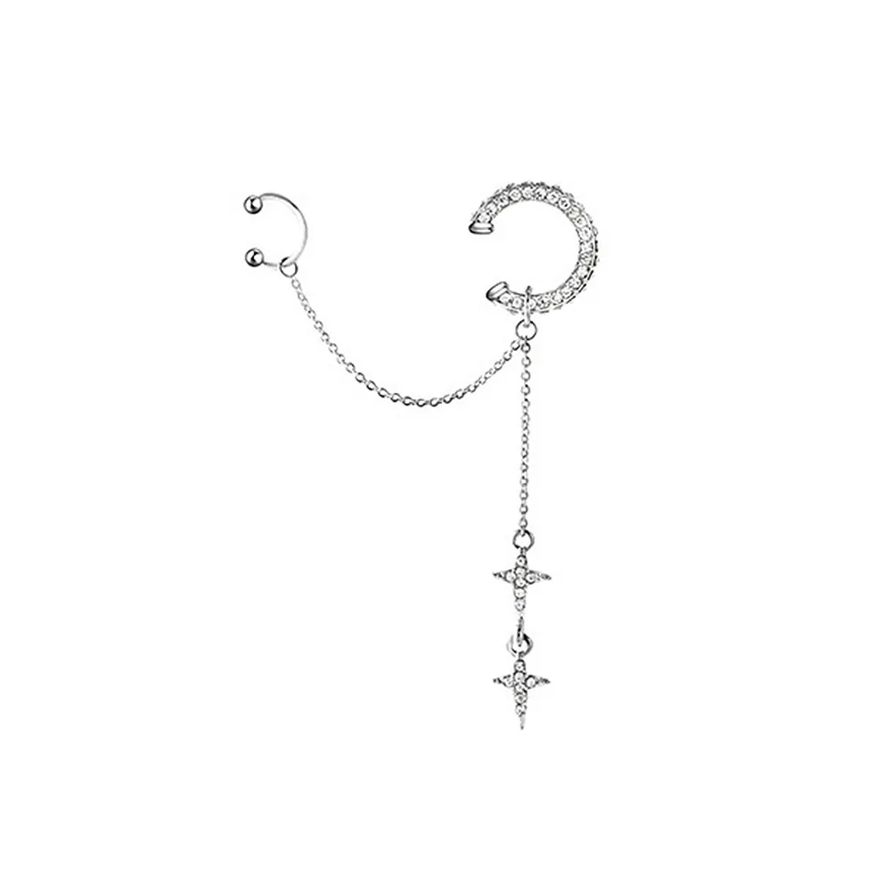 Shiny Silver Color Crystal Tassel Non-Piercing Cuff Ear Clip Earring For Women Rhinestone Star Fake Cartilage Piercing Jewelry image 6