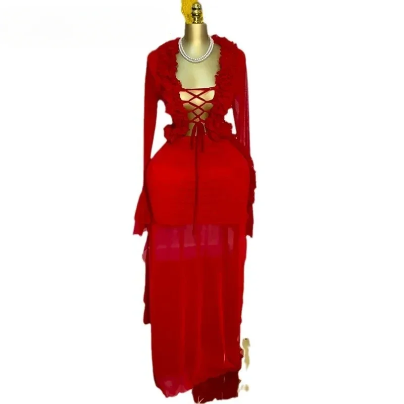 Fashion Women Set Mesh Full Sleeve Street Sweet Crop Tops Shirts + Long Skirts Suits  Ruffles Two 2 Piece Sets Dress