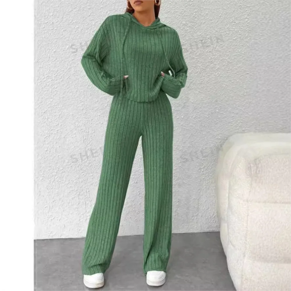 Frühling Herbst Gestrickte Gestreifte Kapuze Sweatshirt Lange Hosen 2 Stück Set Frauen Mode Lose Gestrickte Lange Hosen Weibliche Casual Anzug