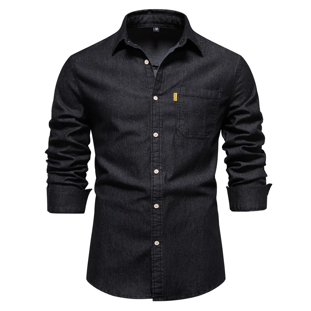 2024 Autumn/Winter New European Denim Ironless Casual Solid Color Men's Long Sleeve Shirt