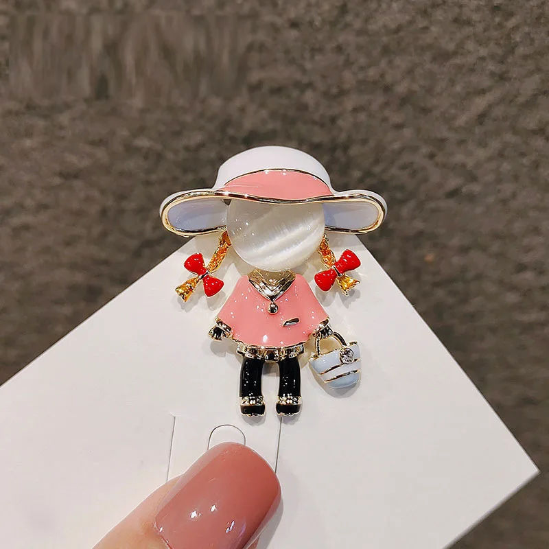 Kawaii Pink Enamel Girl Brooch Pin for Women and Kids