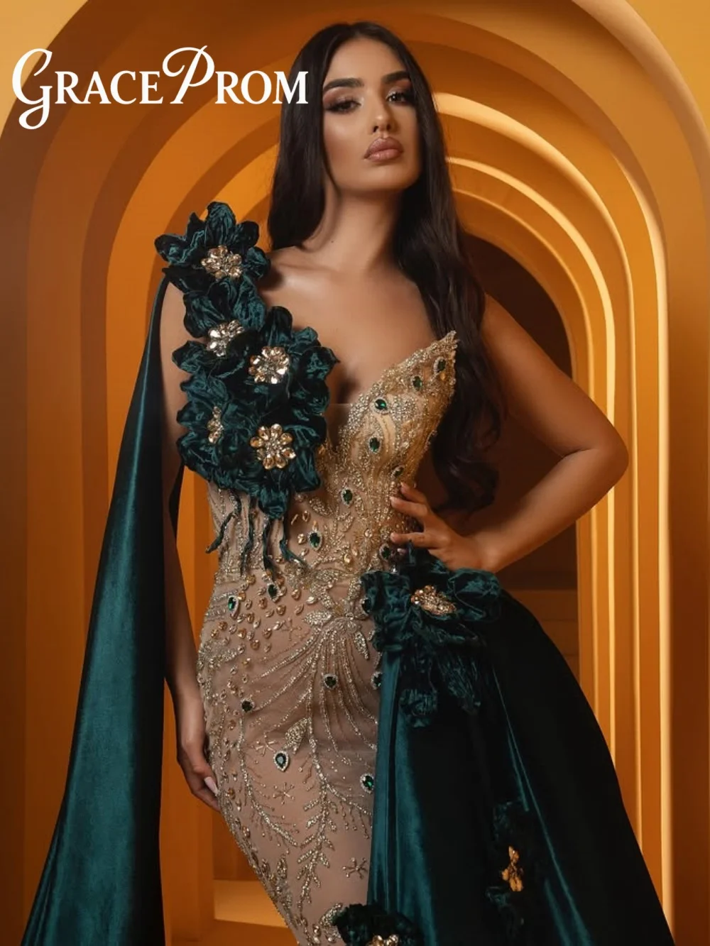 

Solemn 3D Floral Evening Dress 2026 Classic Crystal Strapless Carpet Gown Formal Green Floor Length Party Gown فساتين سه