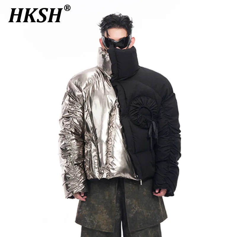 HKSH Autumn Winter Men's Tide Punk Color Contrast Glossy Spliced Padded Coats Folded Sleeves Thickened Down Cotton Jacket HK3580