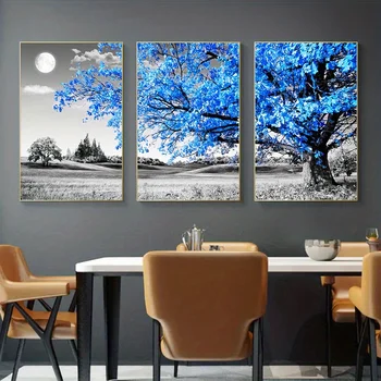 3PCS Blue Tree in The Gray Landscape Poster Nordic Wall Art Canvas Painting for Living Room Poster and Prints Frameless Pictures 1