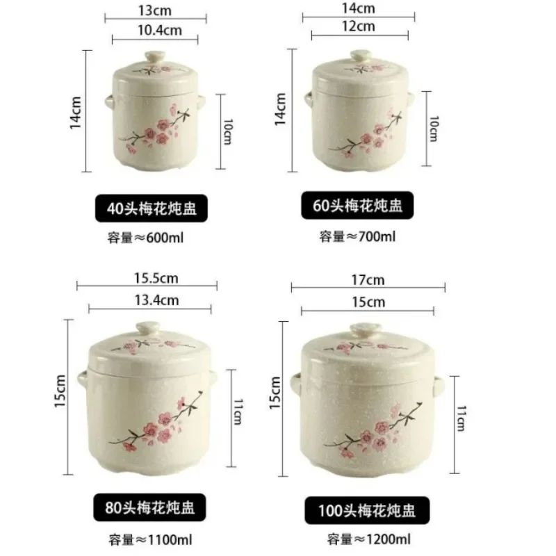 Ceramic Stew Pot Japan Plum Blossom Stew Bowl Double Lid Stewed Bird's Nest Steamed Egg Double Handle Egg Cup Kitchen Tableware