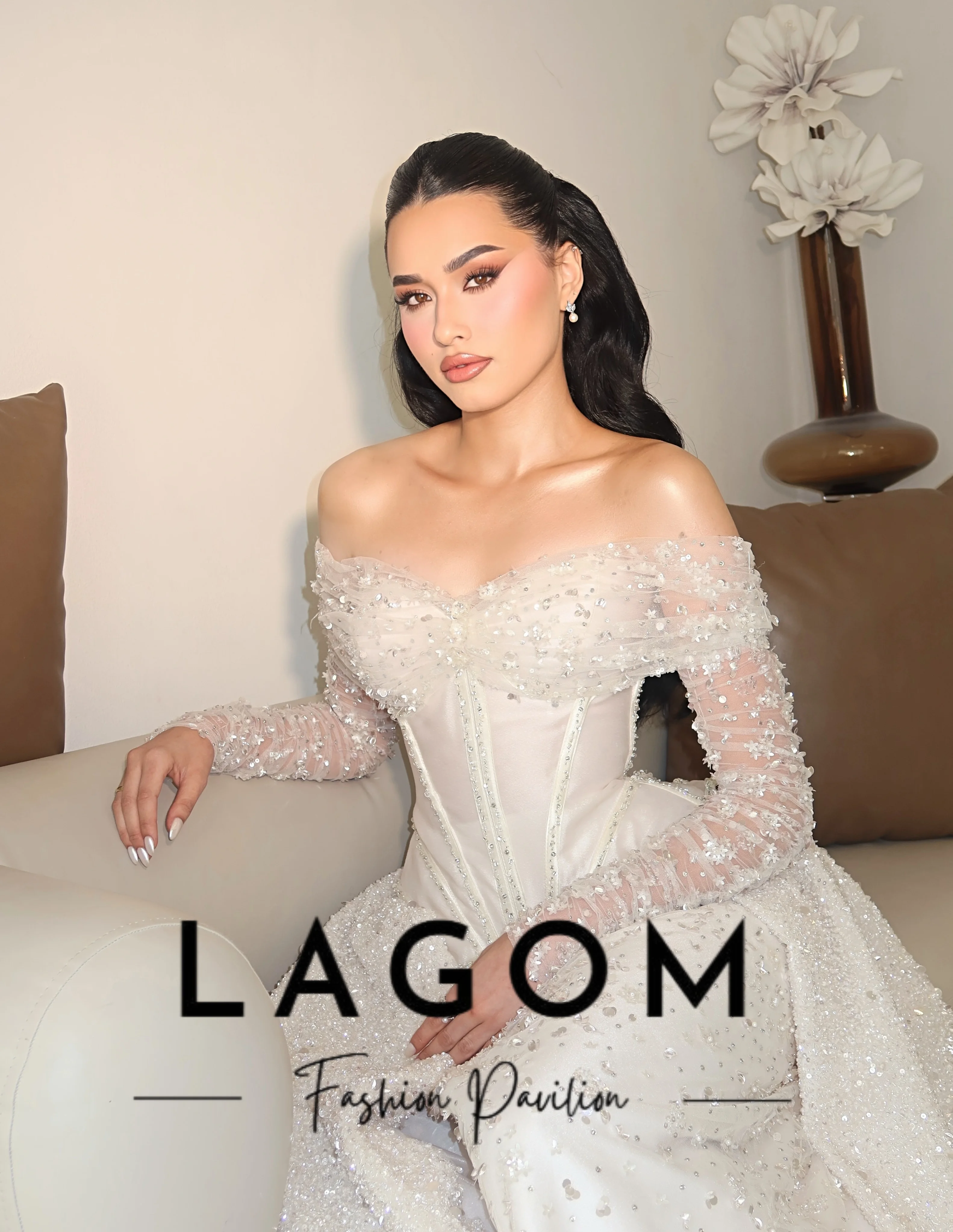 Lagom Elegant Straight Beadin Lace Wedding Dresses Satin Bridal Gown Pleat Off Shoulder Full Sleeve Vestido de novia Customized