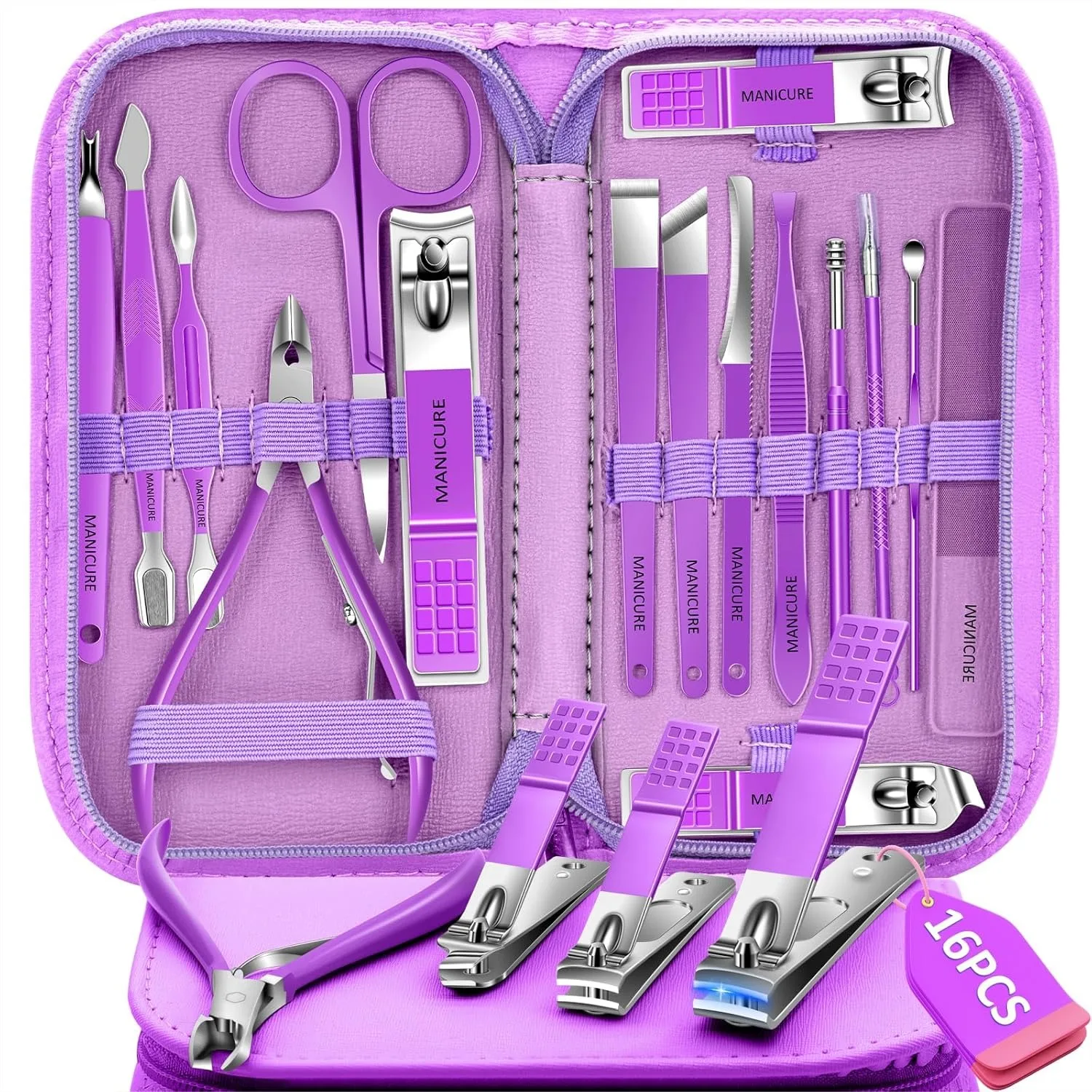 

16-Piece Manicure Set Stainless Steel Pedicure Kit for Men with Travel Bag, Nail Clippers & Scissors (Purple)