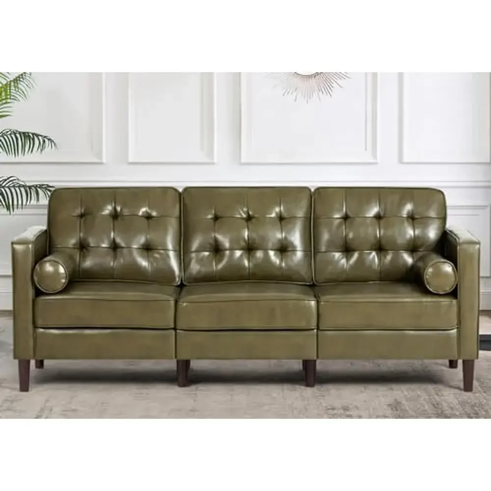 

Luxury Leather Tufted Sofa 3-Seat Couch with Bolster Pillows Wooden Legs