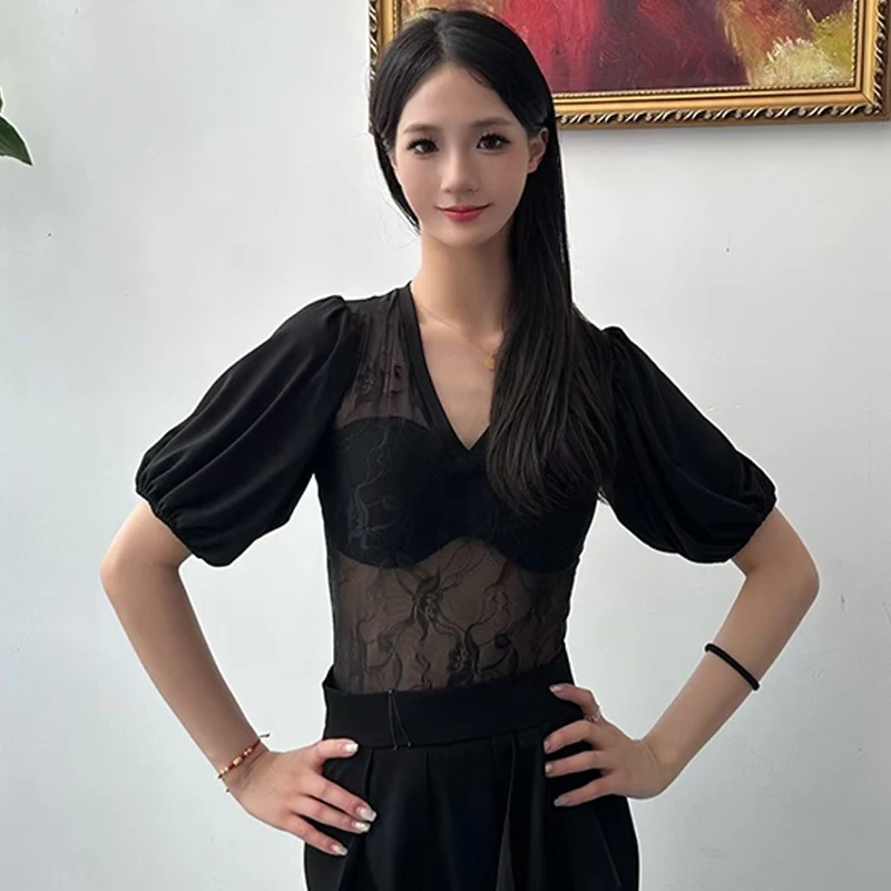 New Latin Dance Tops Lace Bubble Sleeves V Neck Black Leotards Adult Rumba Ballroom Dance Cloes Latin Practice Clothing DNV21033