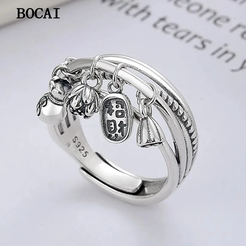 

New S925 Sterling Silver Ring With Retro Creativity Small Pendant Tassel Lotus Flower Women's Ring