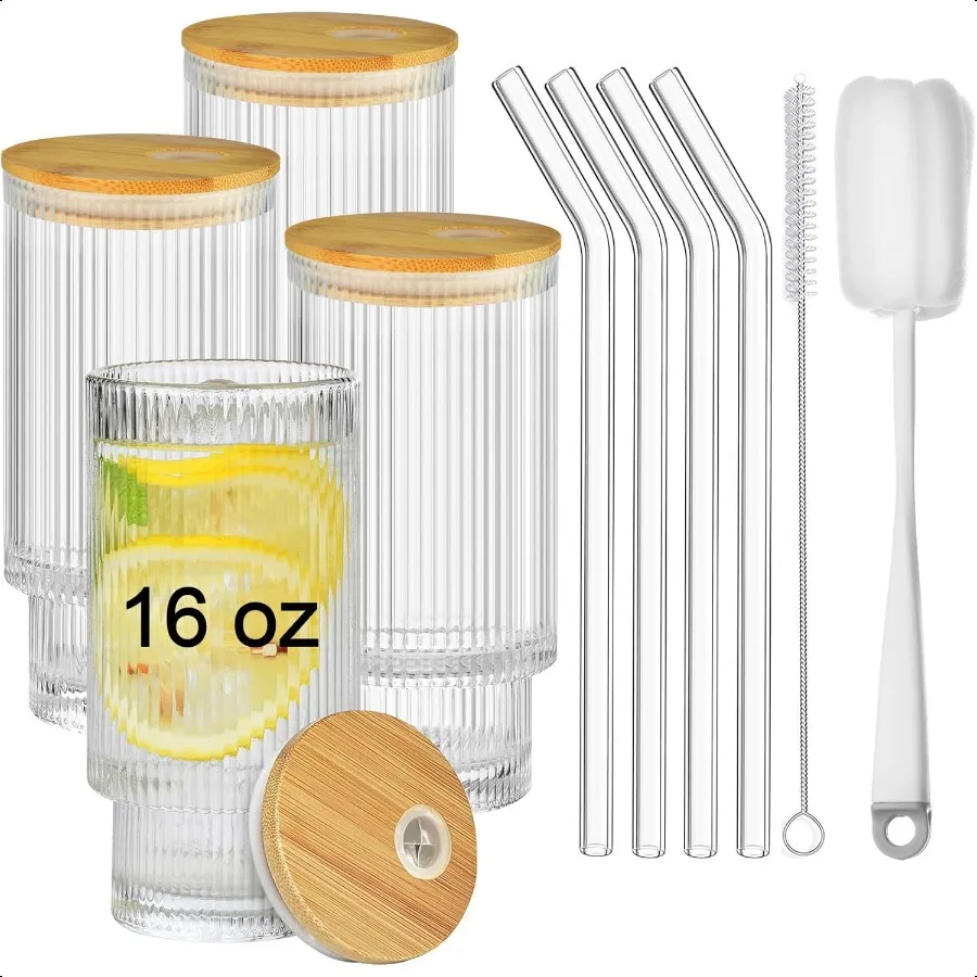 

16 OZ Ribbed Drinking Glasses 4pcs Set with Bamboo Lids and Glass Straws Vintage Iced Coffee Cups Glassware Origami Style Glass