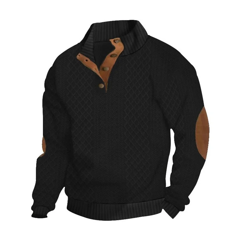 Men's Half Zip Knitted Sweater Pullover Retro Casual Jumper with Elbow Patches Button Up Ribbed Cuffs Winter Outdoor Thermal Top