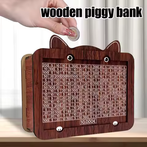 Wooden Digital Piggy Bank Cat Shape Money Saving Box With Number Grid Gift Plan Pen Euro Storage Organizer For Saving Goals