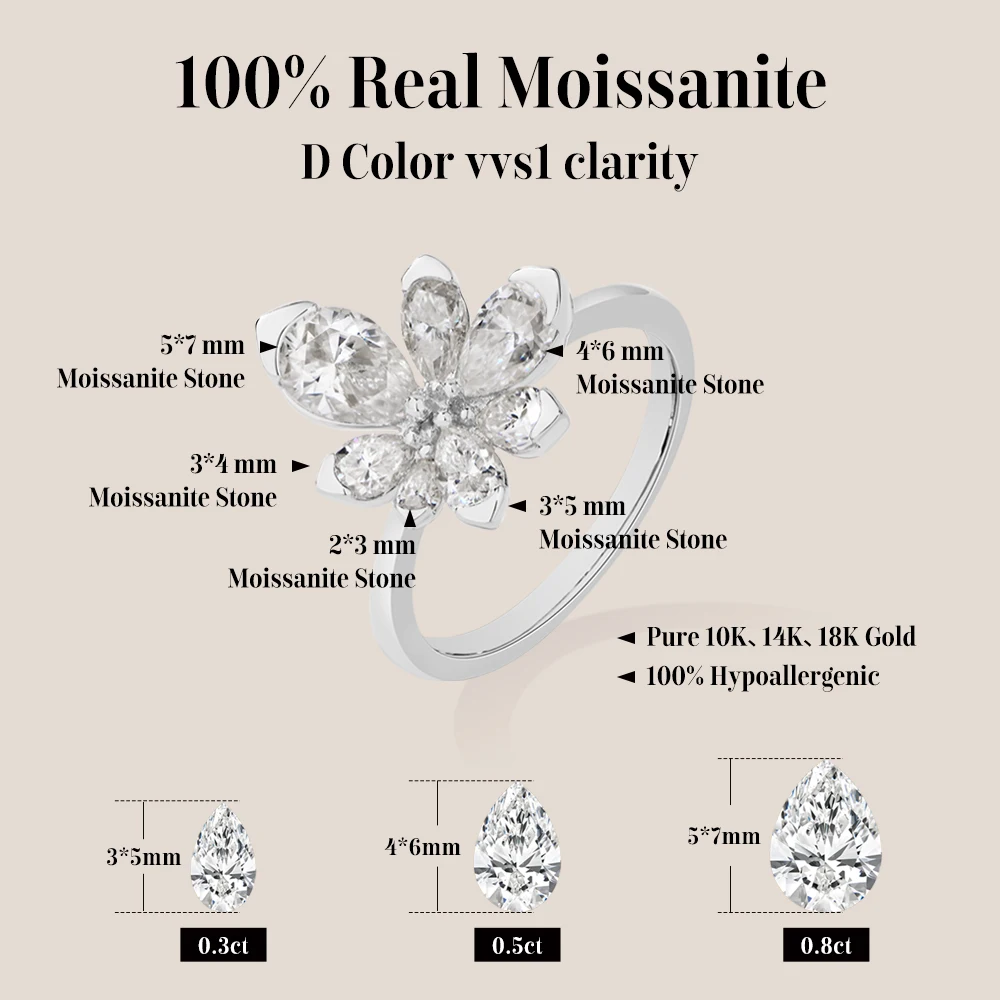 ATTAGEM Pear Cut DcolorVVS1 Moissanite Ring Flower Shape Solid 10K 14K 18K Au750 Sparkling Engagement Wedding Jewelry Party Gift