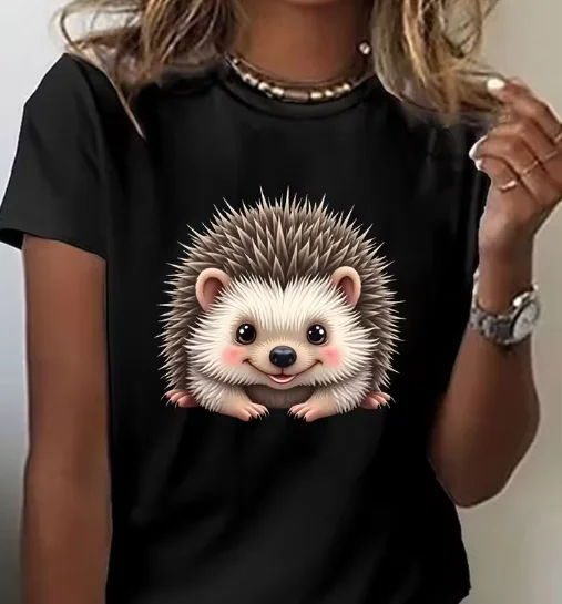

Women's Cute Hedgehog Pattern T-Shirt Black Casual Round Neck Short Sleeve Top Spring Summer Soft Comfortable Women's Clothing