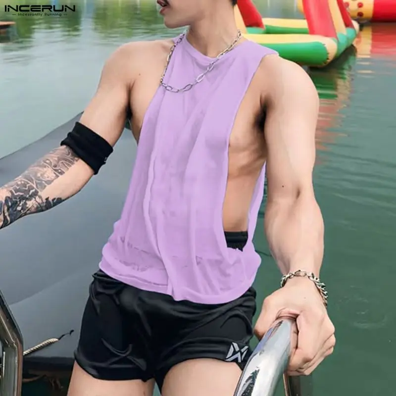 INCERUN Herren Tanktops Mesh Durchsichtig O-Ausschnitt Ärmellose Männerwesten Sommer Einfarbig Streetwear Sexy 2026 Mode Tops Herrenkleidung