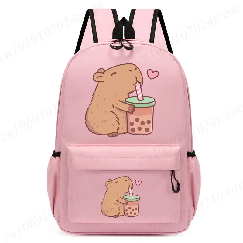 Niedlicher Capybara Loves Bubble Tea Anime-Rucksack für Schule, Kinder, Mädchen, Freizeit, einfache rosa Schultasche, Anime-Reiserucksack