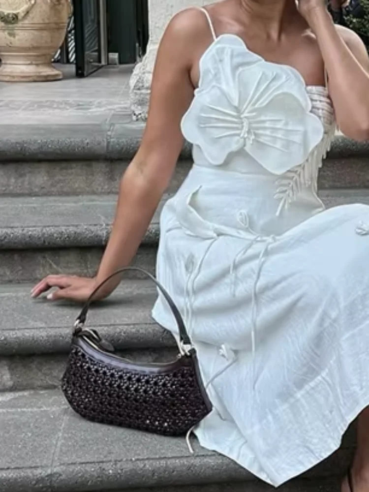 

White 3d Flower Elegant Sling Dress Female Off Shoulder Backless Bodycon High Waist A-line Maxi Robe New Fashion Lady Party Gown