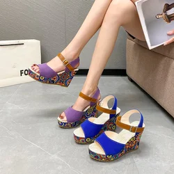 Shoes for Women Summer Wedge Sandals Retro Ethnic Printing Platform Shoes Ladies Casual Ankle Comfortable Sandalias De Mujer