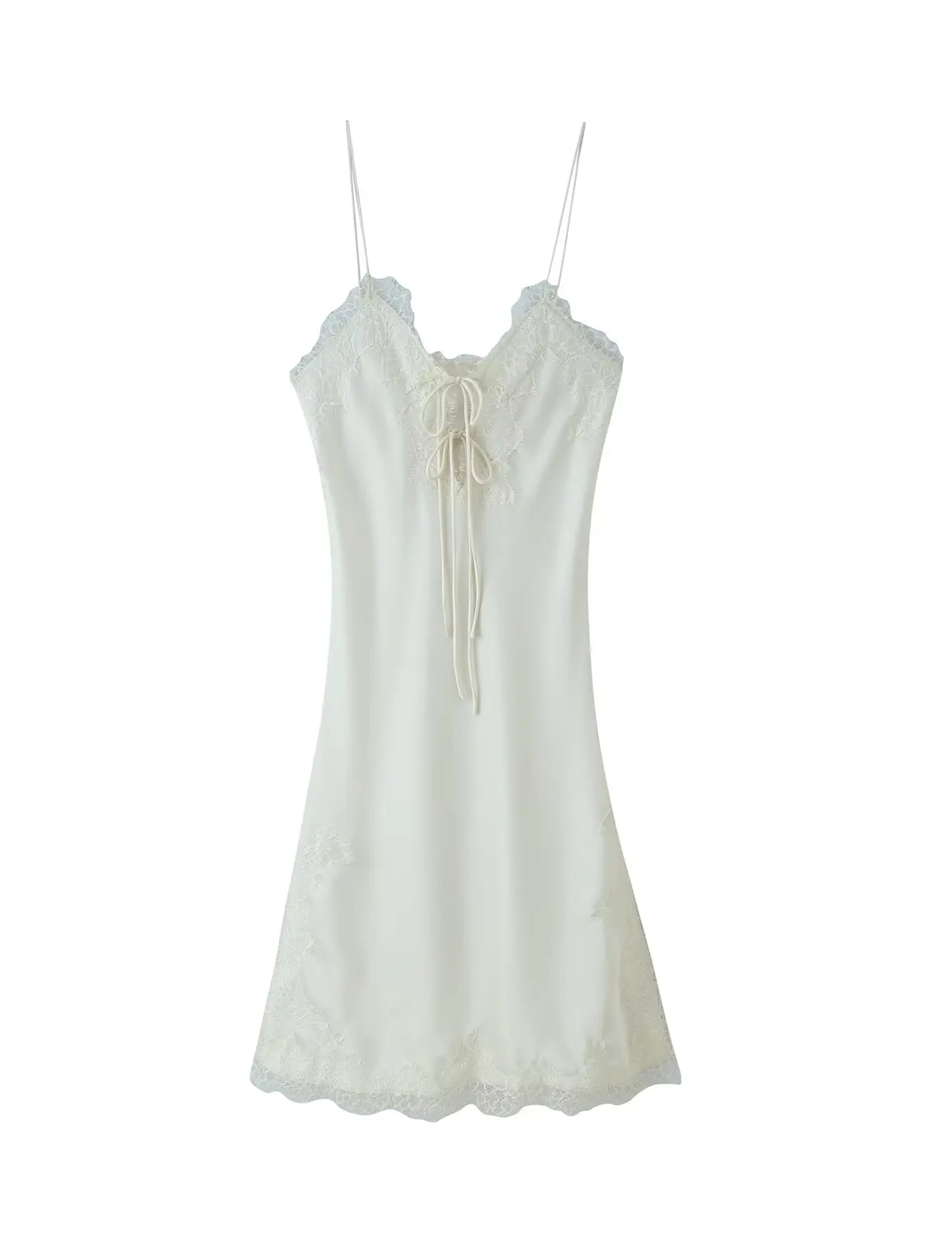 2025 Abito senza spalline in pizzo Abito da donna con scollo a V Abito senza spalline allentato Moda sexy Abito in pizzo di raso bianco Elegante cena da sera Nig