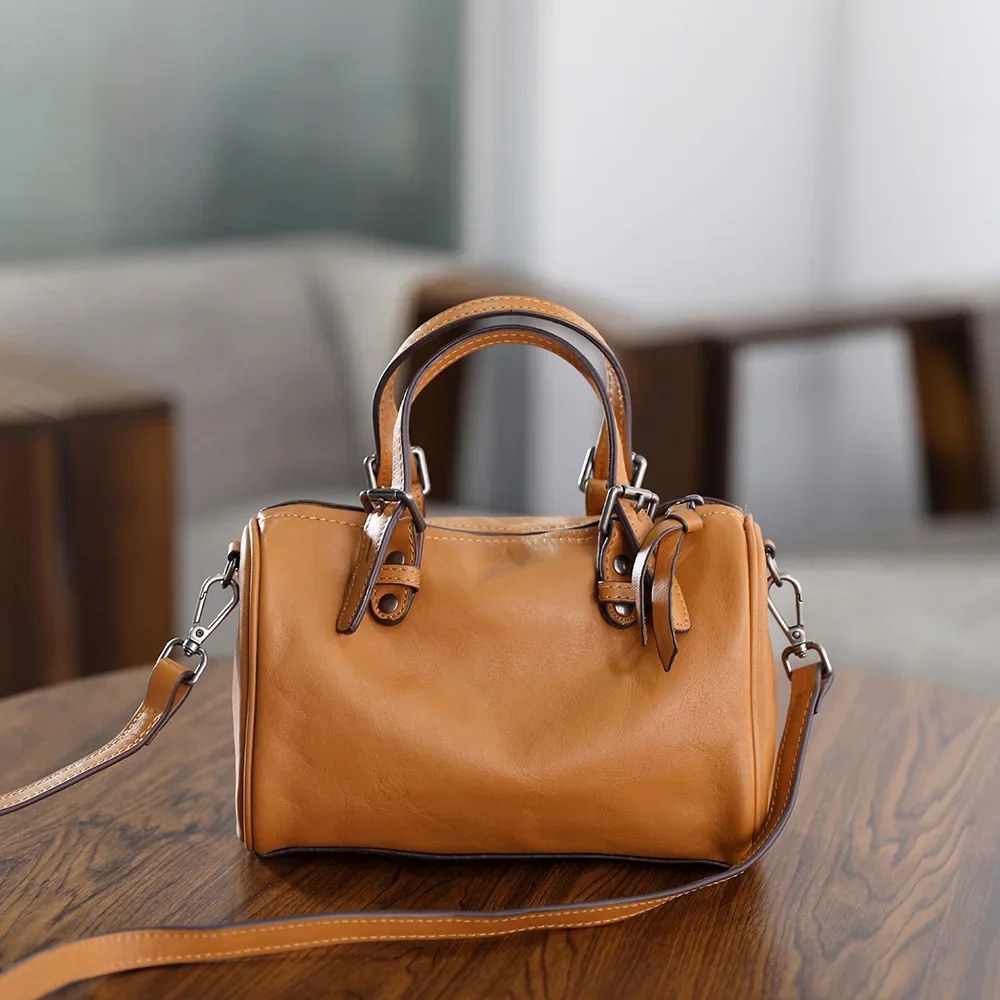 

First layer vegetable tanned cowhide retro literary handmade women's bag Boston bag women's portable messenger bag soft leather